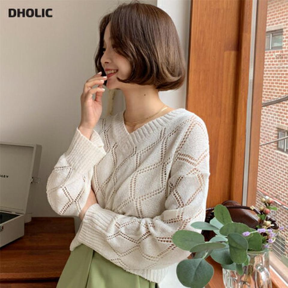 Vネックダイヤパンチングニット・全4色・t66490 レディース 【tops】韓国ファッション トップス ニット 大人 長袖 Vネック ダイヤパタン パンチング シースルー シアー シンプル フェミニン カジュアル 春 秋