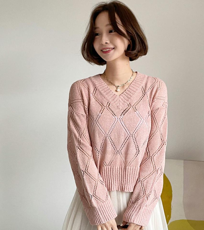 Vネックダイヤパンチングニット・全4色・t66490 レディース 【tops】韓国ファッション トップス ニット 大人 長袖 Vネック ダイヤパタン パンチング シースルー シアー シンプル フェミニン カジュアル 春 秋