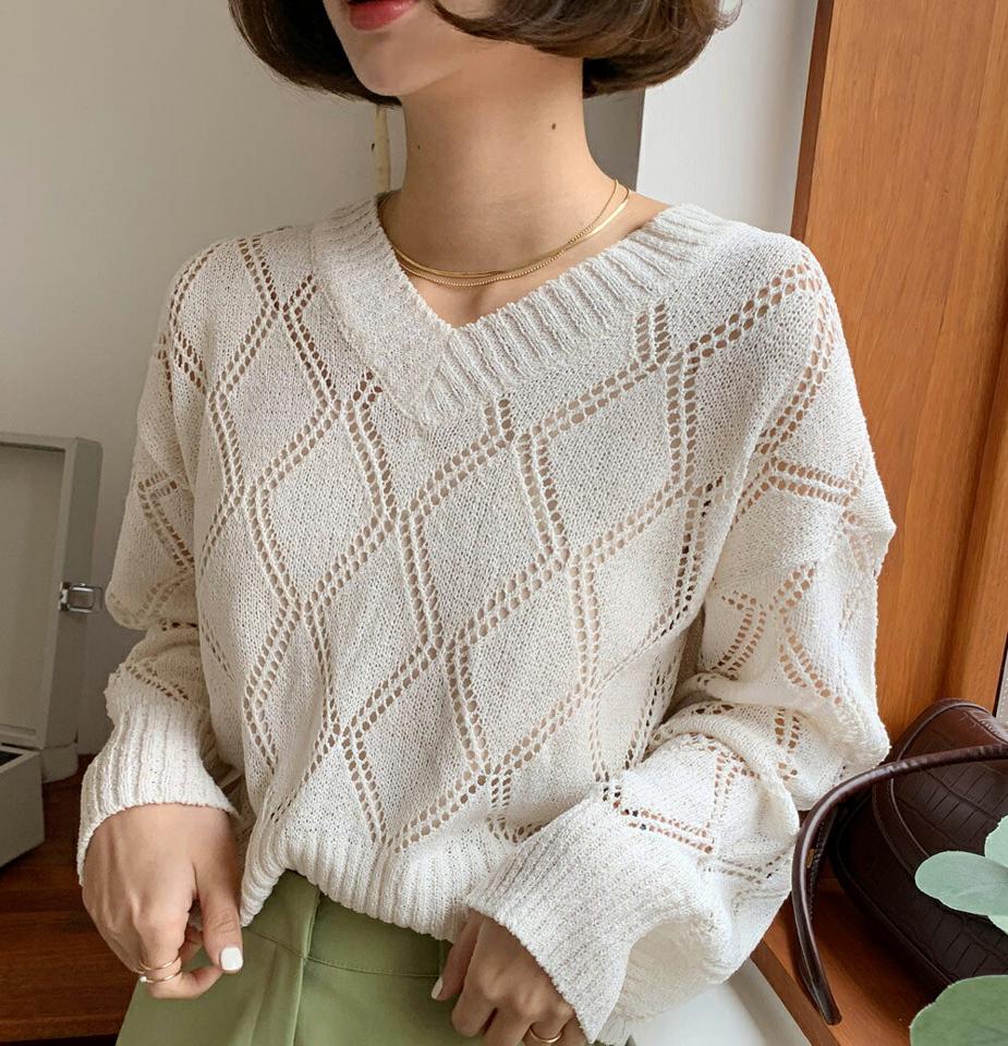 Vネックダイヤパンチングニット・全4色・t66490 レディース 【tops】韓国ファッション トップス ニット 大人 長袖 Vネック ダイヤパタン パンチング シースルー シアー シンプル フェミニン カジュアル 春 秋
