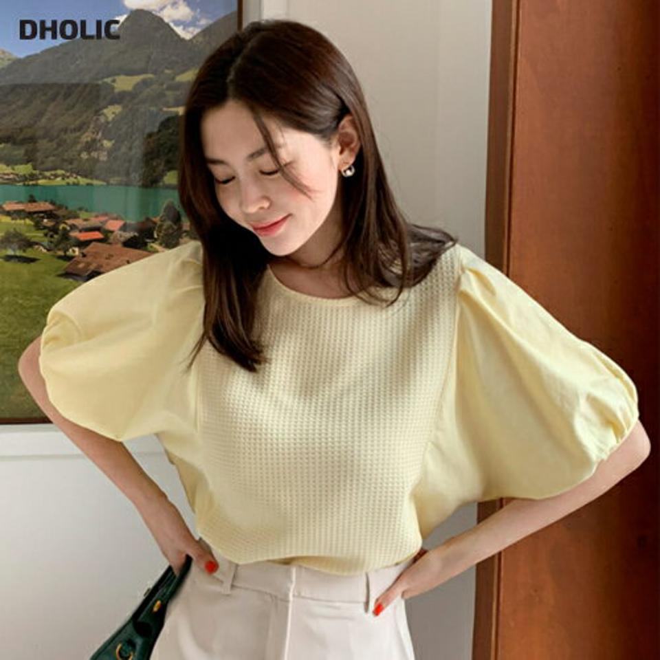 エンボスコントラストパフTシャツ・全3色・t66493 レディース 【tops】韓国ファッション トップス Tシャツ 大人 半袖 ラウンドネック エンボス コントラスト パフスリーブ コットン 無地 シンプル 黄色 フェミニン カジュアル 二の腕カバー 夏 春 秋
