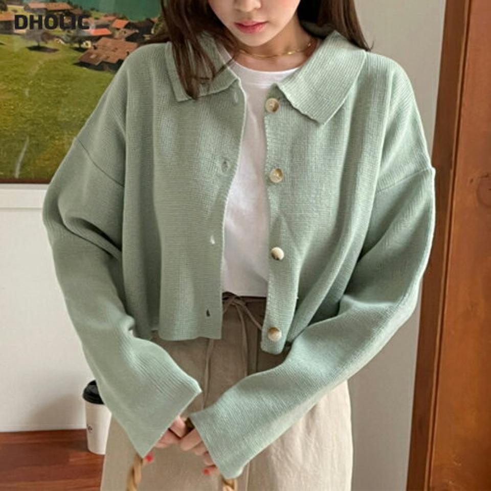 クロップドカラーカーディガン・全5色・t66500 レディース 【cd】韓国ファッション トップス カーディガン カーデ 長袖 カラーネック ボタン クロップド丈 パステルカラー かわいい 可愛い 無地 シンプル カジュアル カラーニット 黄緑 春 秋