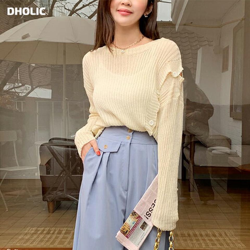 2WAYボタンルーズニット・全3色・b66491 レディース 【tops】韓国ファッション トップス ニット 大人 長袖 ラウンドネック ボタン ルーズ ドロップショルダー ダイアゴナルボタン シンプル フェミニン カジュアル 春 秋