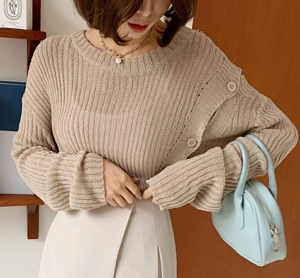 2WAYボタンルーズニット・全3色・b66491 レディース 【tops】韓国ファッション トップス ニット 大人 長袖 ラウンドネック ボタン ルーズ ドロップショルダー ダイアゴナルボタン シンプル フェミニン カジュアル 春 秋