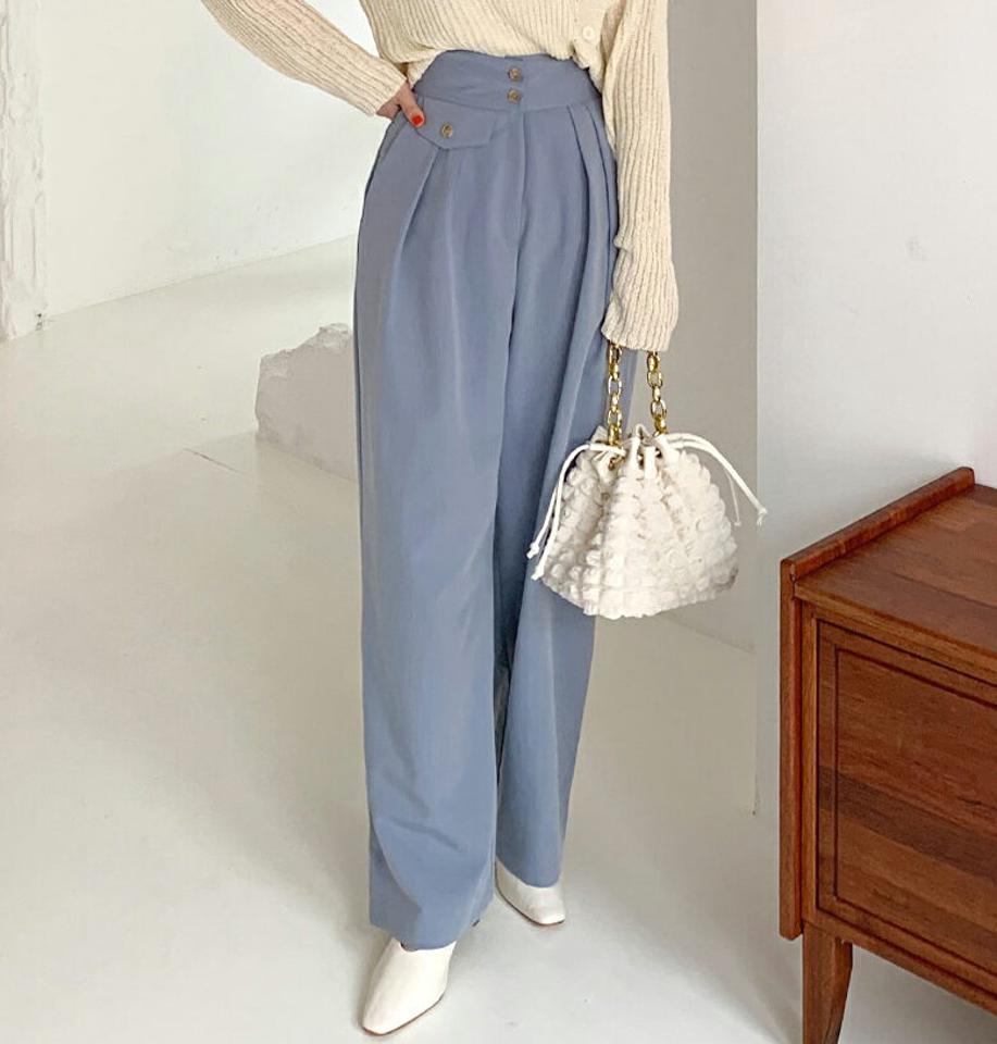 ツーボタンフラップスラックス・全3色・t66507 レディース 【pt】韓国ファッション ボトムス ロング ロングパンツ スラックスパンツ スラックス ツーボタン フラップ ハイウエスト 無地 シンプル フェミニン カジュアル 春 秋