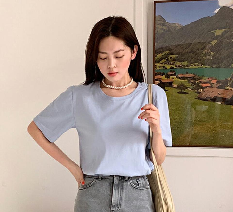 ハーフスリーブTシャツ・全5色・b66481 レディース 【tops】韓国ファッション トップス Tシャツ 大人 半袖 ラウンドネック ハーフスリーブ コットン 無地 ベーシック シンプル フェミニン 水色 カジュアル 夏 春 秋