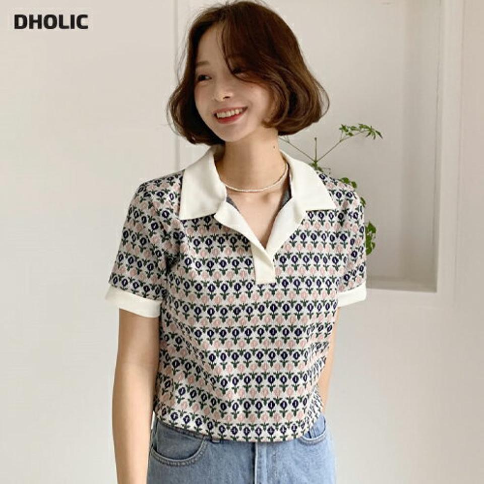 オープンカラーフラワーTシャツ・全3色・t66494 レディース 【tops】韓国ファッション トップス ニット 大人 半袖 カラーネック オープンカラー 花柄 フローラル フラワー クロップド丈 シンプル フェミニン カジュアル 夏 春 秋
