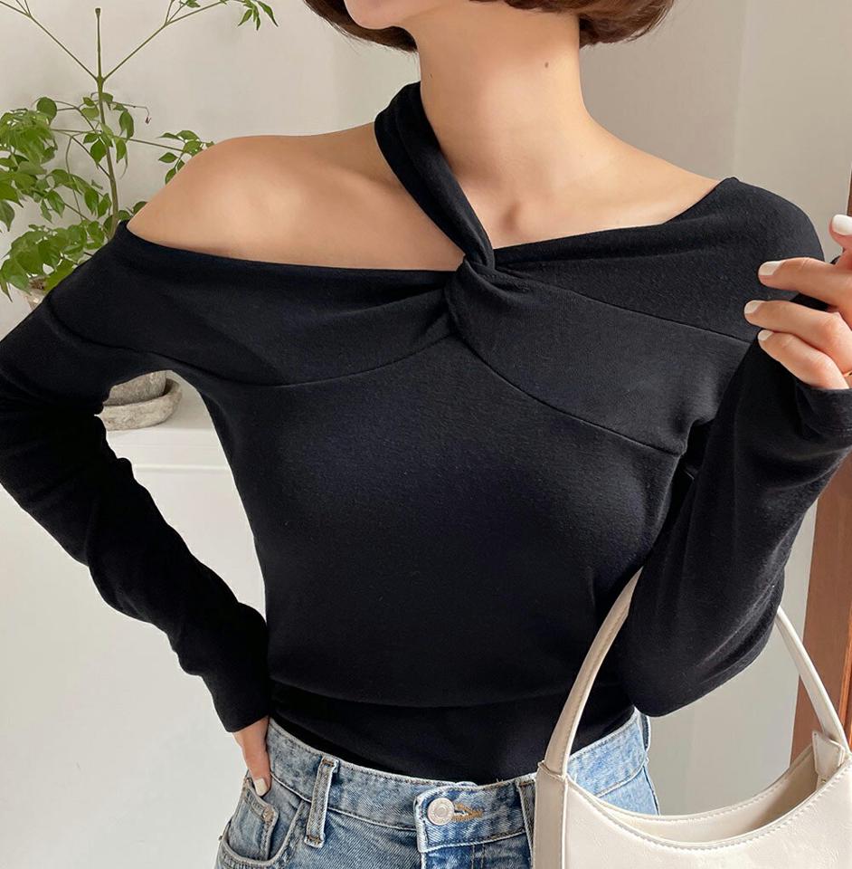 2WAYノットストラップワンショルTシャツ・全2色・t66484 レディース 【tops】韓国ファッション トップス Tシャツ 大人 長袖 ラウンドネック ノットストラップ ワンショル スリム シンプル フェミニン カジュアル 春 秋