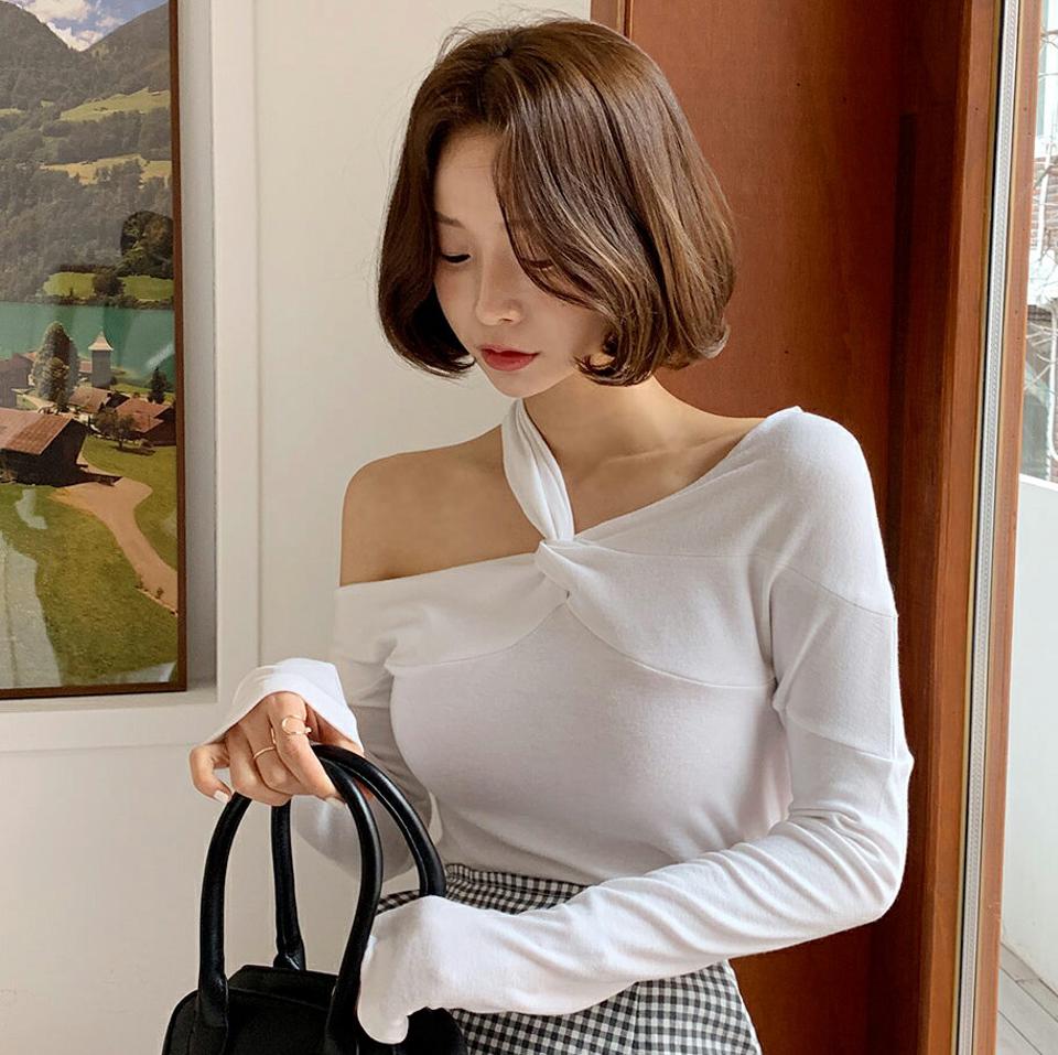 2WAYノットストラップワンショルTシャツ・全2色・t66484 レディース 【tops】韓国ファッション トップス Tシャツ 大人 長袖 ラウンドネック ノットストラップ ワンショル スリム シンプル フェミニン カジュアル 春 秋