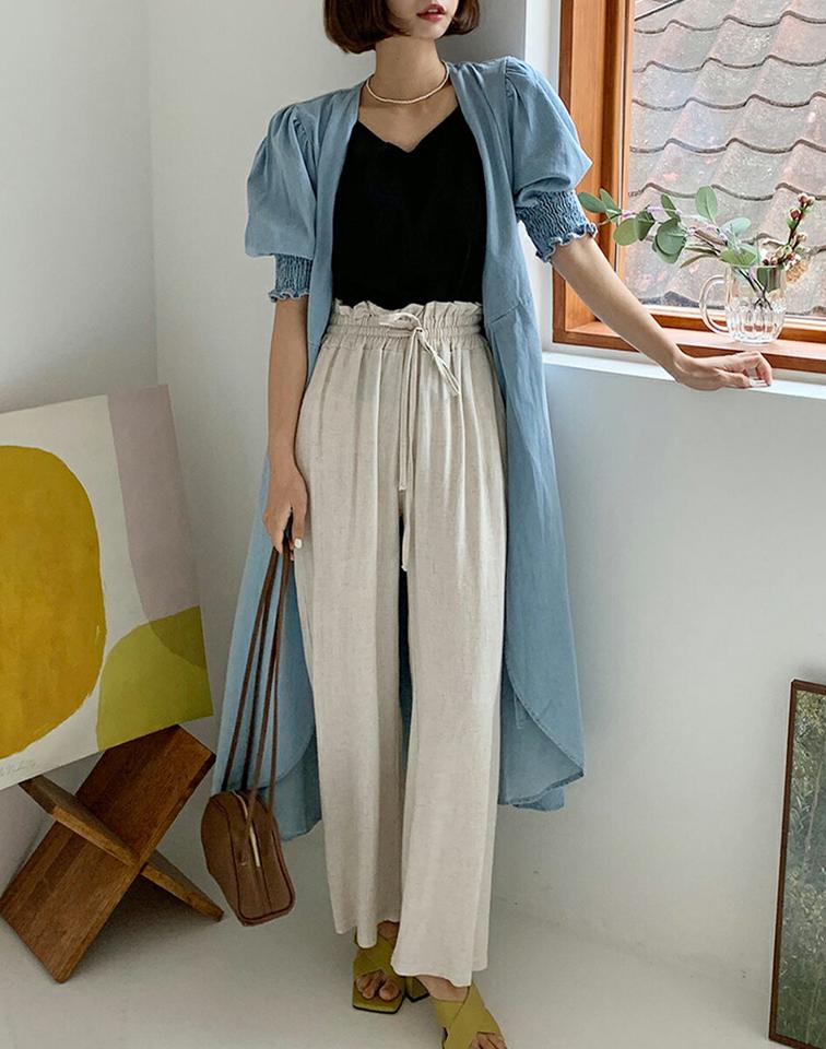 デニムラップパフワンピース・全2色・b66497 レディース 【ops】韓国ファッション ワンピース ロング ロングワンピース 長袖 Vネック シャーリング デニムワンピース パフスリーブ ロング丈 シンプル フェミニン 夏 春 秋