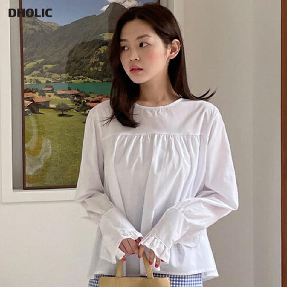 フリルワイドカフスブラウス・全3色・t66486 レディース 【bl】韓国ファッション トップス ブラウス 長袖 ラウンドネック フリル ワイド カフス ギャザー 無地 シンプル ベーシック カジュアル フェミニン デイリー 春 秋