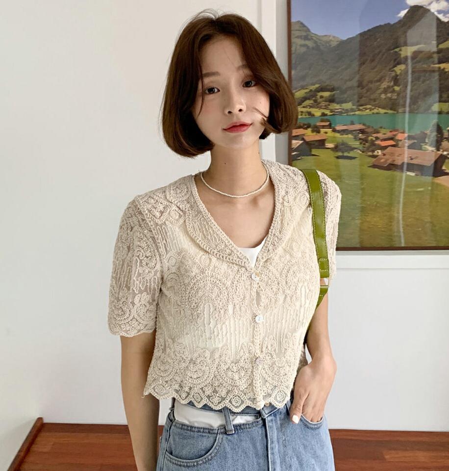≪人気商品再入荷≫刺繍レースカラーブラウス・全2色・b66499 レディース 【bl】韓国ファッション トップス ブラウス 半袖 Vネック カラーネック 刺繍 レース クロップド丈 かわいい 可愛い シンプル カジュアル フェミニン 夏 春 秋