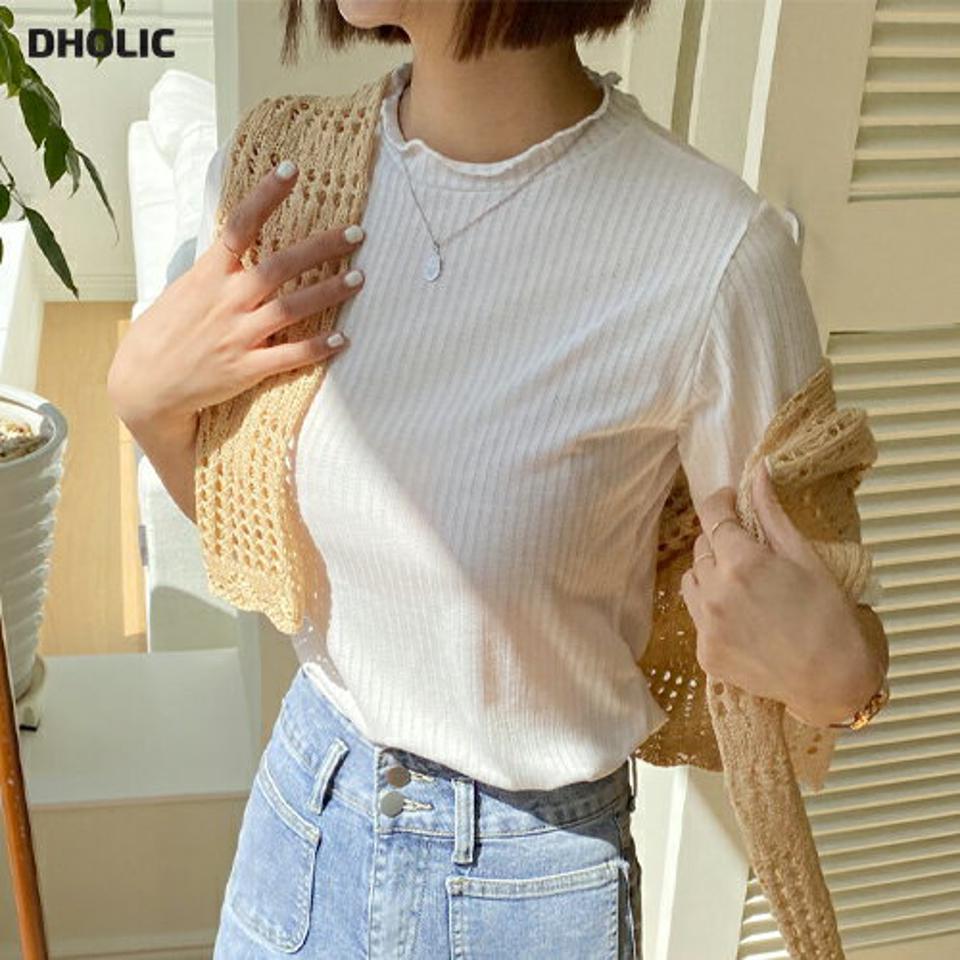 メロウハーフネックリブTシャツ・全5色・t00584 レディース 【tops】韓国ファッション トップス Tシャツ 大人 半袖 ハーフネック メロウ リブ モダン 無地 シンプル フェミニン カジュアル 夏 春 秋