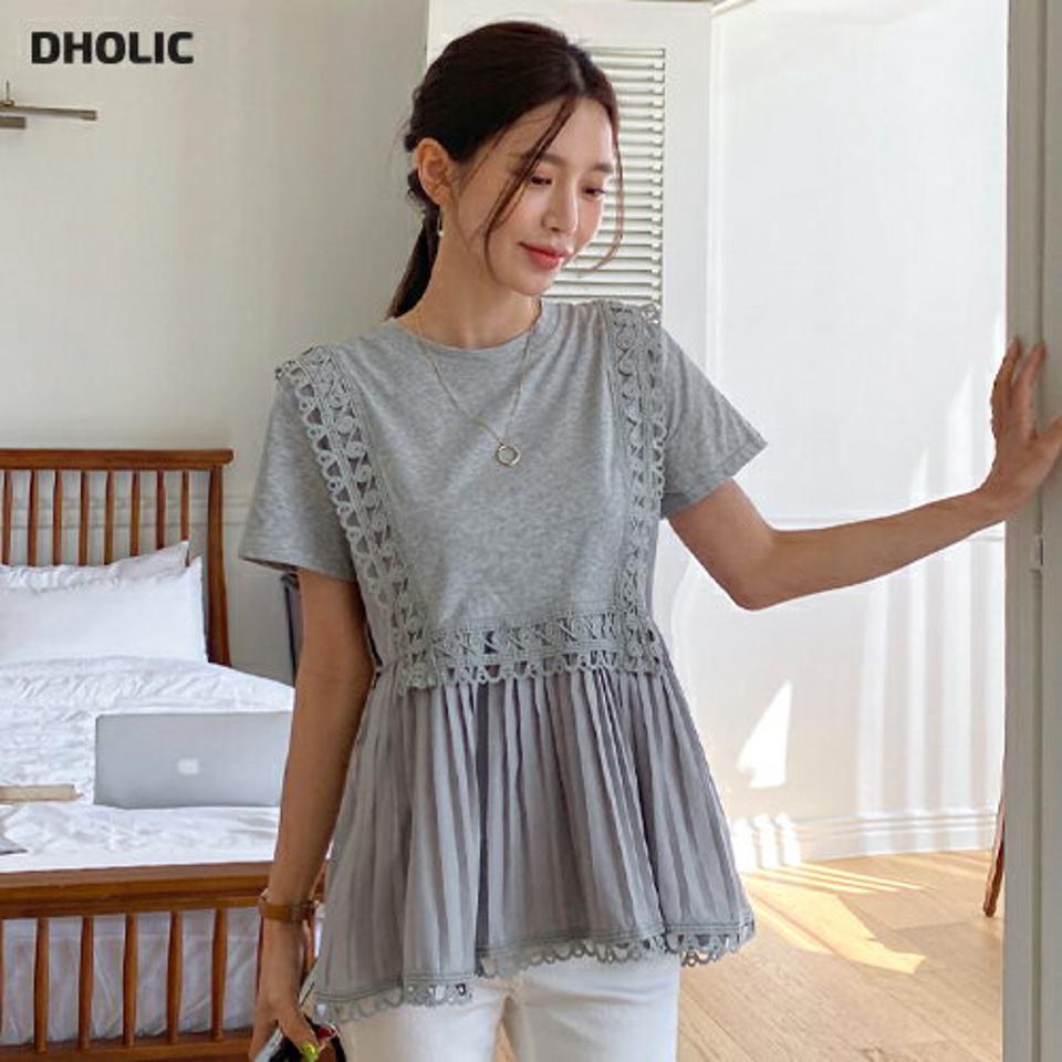 レースラインプリーツペプラムTシャツ・全3色・b00586 レディース 【tops】韓国ファッション トップス Tシャツ 大人 半袖 ラウンドネック レースライン プリーツ ペプラム シンプル フェミニン カジュアル お腹カバー 夏 春 秋 人気