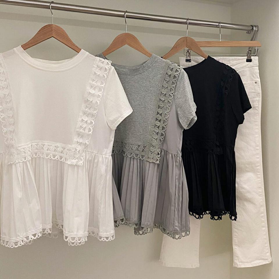 レースラインプリーツペプラムTシャツ・全3色・b00586 レディース 【tops】韓国ファッション トップス Tシャツ 大人 半袖 ラウンドネック レースライン プリーツ ペプラム シンプル フェミニン カジュアル お腹カバー 夏 春 秋 人気