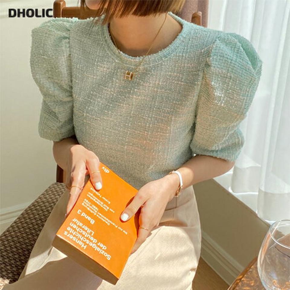 ツイードパフスリーブTシャツ・全3色・t00616 レディース 【tops】韓国ファッション トップス Tシャツ 大人 半袖 ラウンドネック ツイード パフスリーブ 配色 ギャザー シンプル フェミニン カジュアル 黄緑 夏 春 秋