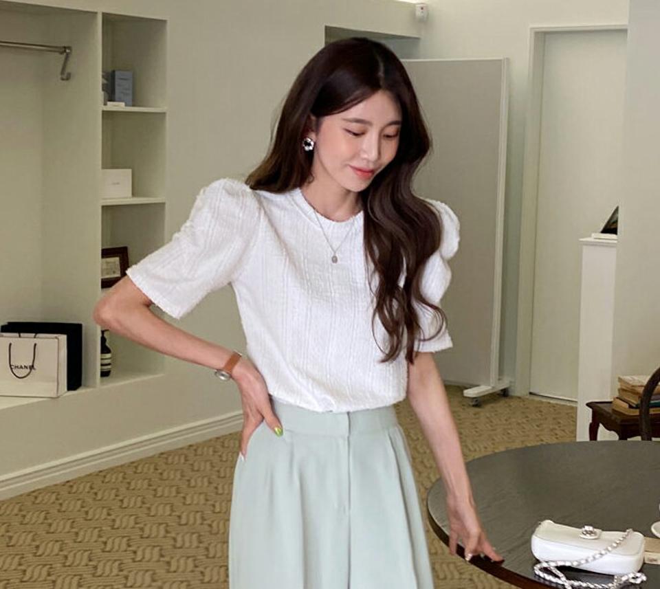 ツイードパフスリーブTシャツ・全3色・t00616 レディース 【tops】韓国ファッション トップス Tシャツ 大人 半袖 ラウンドネック ツイード パフスリーブ 配色 ギャザー シンプル フェミニン カジュアル 黄緑 夏 春 秋