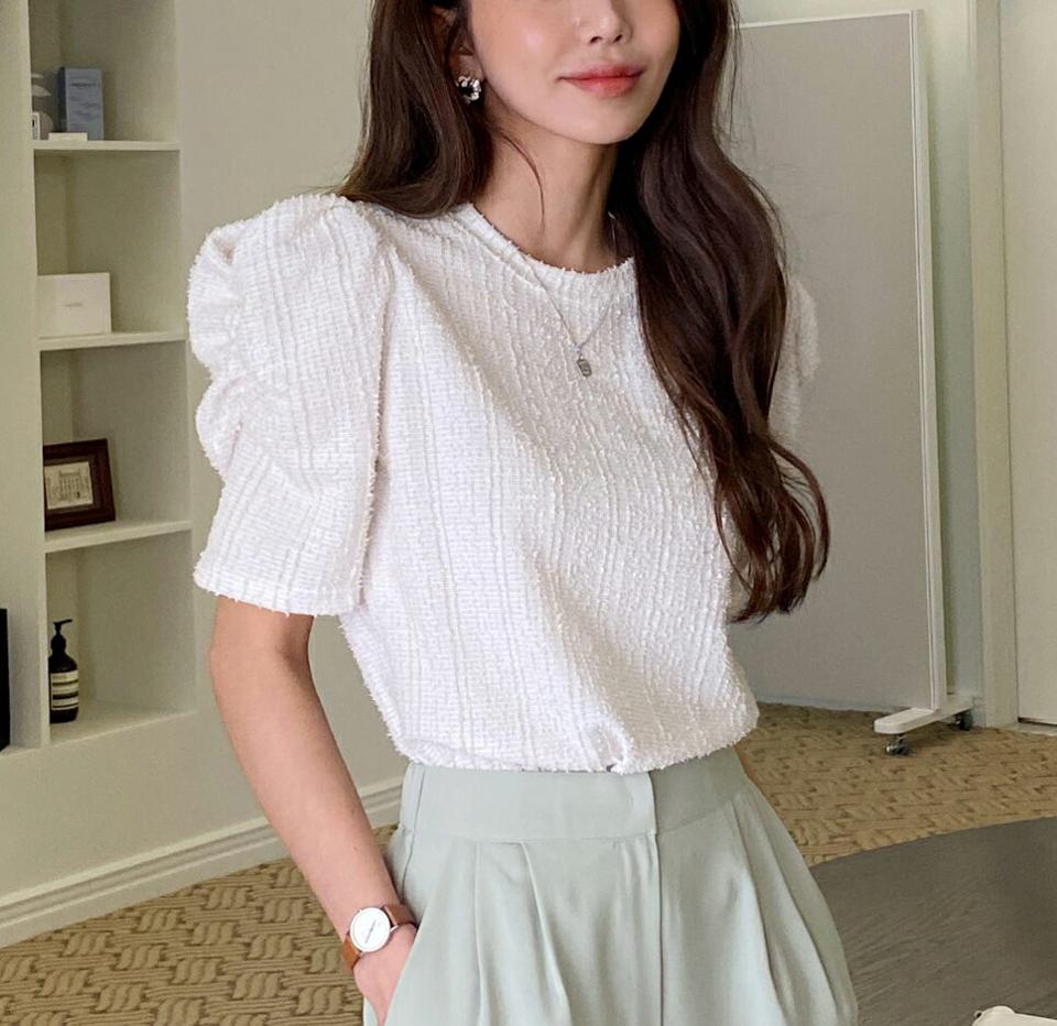 ツイードパフスリーブTシャツ・全3色・t00616 レディース 【tops】韓国ファッション トップス Tシャツ 大人 半袖 ラウンドネック ツイード パフスリーブ 配色 ギャザー シンプル フェミニン カジュアル 黄緑 夏 春 秋
