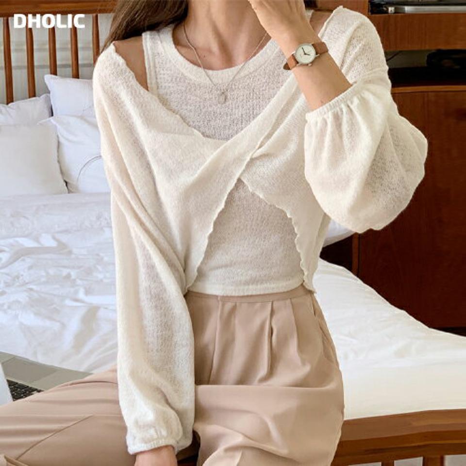 ノースリーブ&ツイストTシャツSET・全4色・t00593 レディース 【tops】韓国ファッション トップス Tシャツ ノースリーブ セット 大人 長袖 Vネック ツイスト ドロップショルダー クロップド丈 シンプル フェミニン カジュアル 春 秋