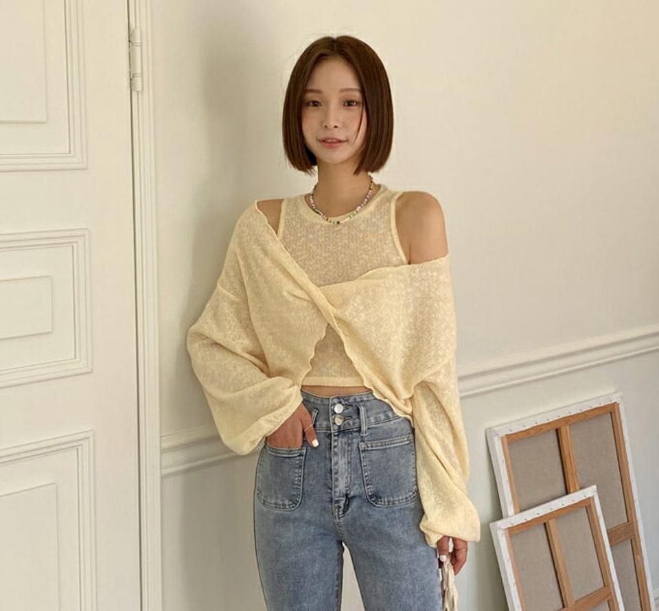ノースリーブ&ツイストTシャツSET・全4色・t00593 レディース 【tops】韓国ファッション トップス Tシャツ ノースリーブ セット 大人 長袖 Vネック ツイスト ドロップショルダー クロップド丈 シンプル フェミニン カジュアル 春 秋