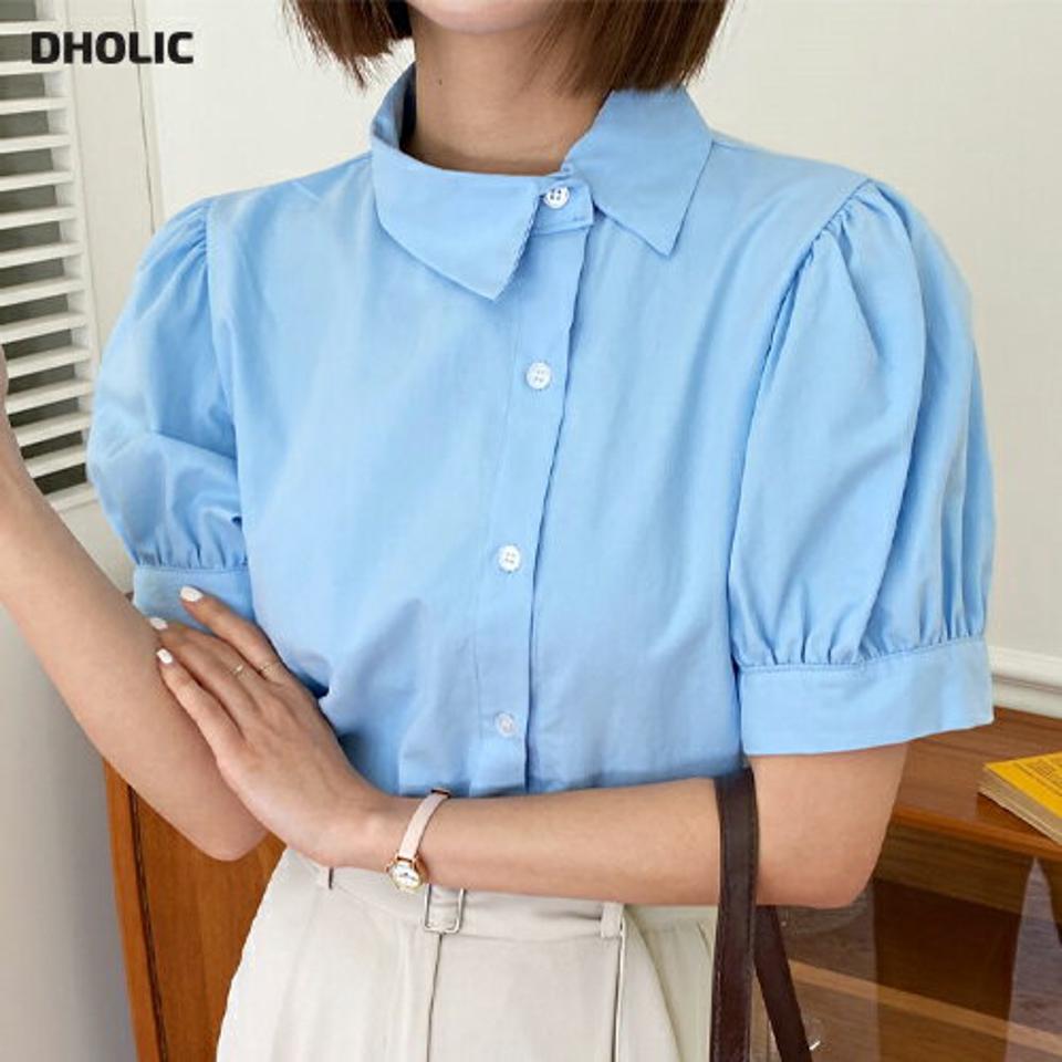 アンバランスカラーブラウス・全4色・t00589 レディース 【bl】韓国ファッション トップス ブラウス 半袖 カラーネック アンバランスカラー パフスリーブ ラウンドヘム かわいい 可愛い 無地 シンプル カジュアル フェミニン 夏 春 秋