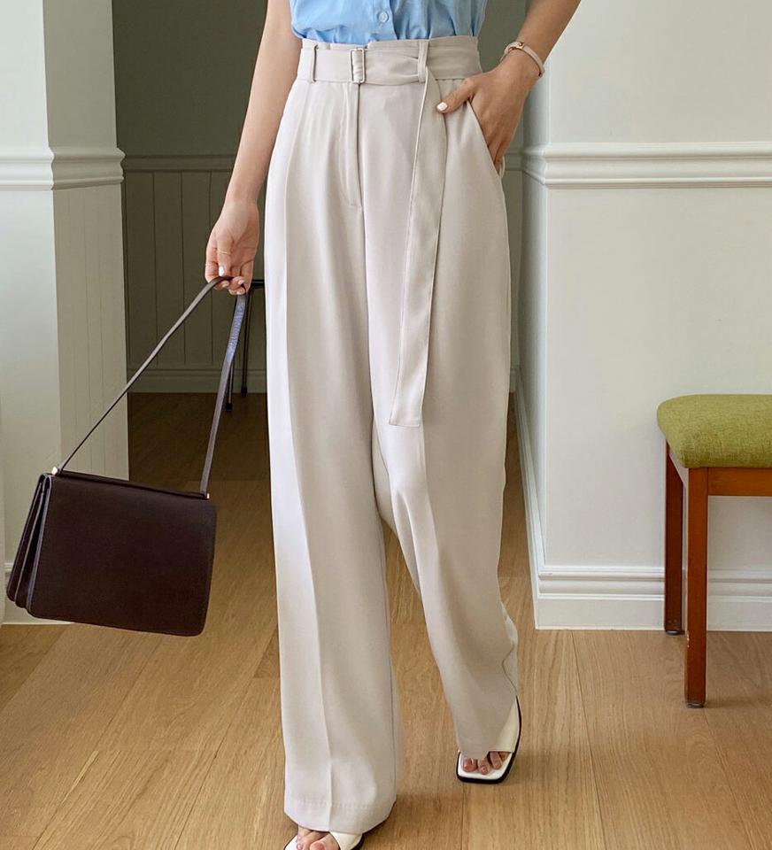 ベルト付ワイドスラックス・全2色・b00608 レディース 【pt】韓国ファッション ボトムス ロング ロングパンツ スラックスパンツ スラックス ベルト付 ワイド ワンタック 無地 シンプル フェミニン カジュアル 春 秋