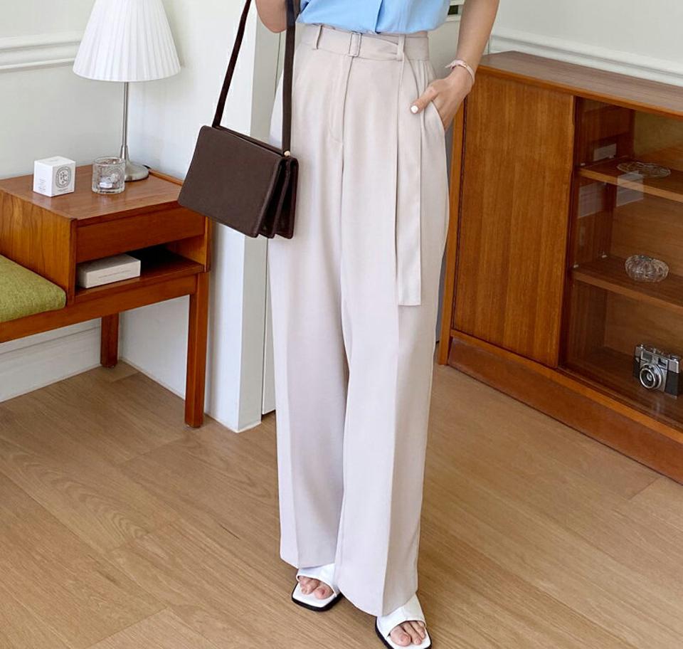 ベルト付ワイドスラックス・全2色・b00608 レディース 【pt】韓国ファッション ボトムス ロング ロングパンツ スラックスパンツ スラックス ベルト付 ワイド ワンタック 無地 シンプル フェミニン カジュアル 春 秋