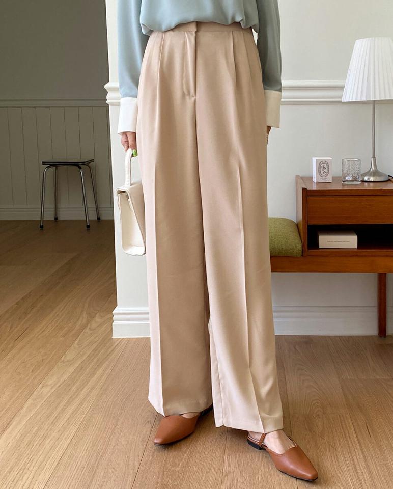 ツータックバックゴムスラックス・全4色・t00609 レディース 【pt】韓国ファッション ボトムス ロング ロングパンツ スラックスパンツ スラックス ツータック ストレート バックゴム 無地 シンプル フェミニン カジュアル 春 秋