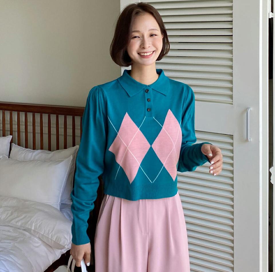アーガイルカラーニット・全4色・t00617 レディース 【tops】韓国ファッション トップス ニット 大人 長袖 カラーネック アーガイル パフスリーブ クロップド丈 柄ニット シンプル フェミニン カジュアル 春 秋