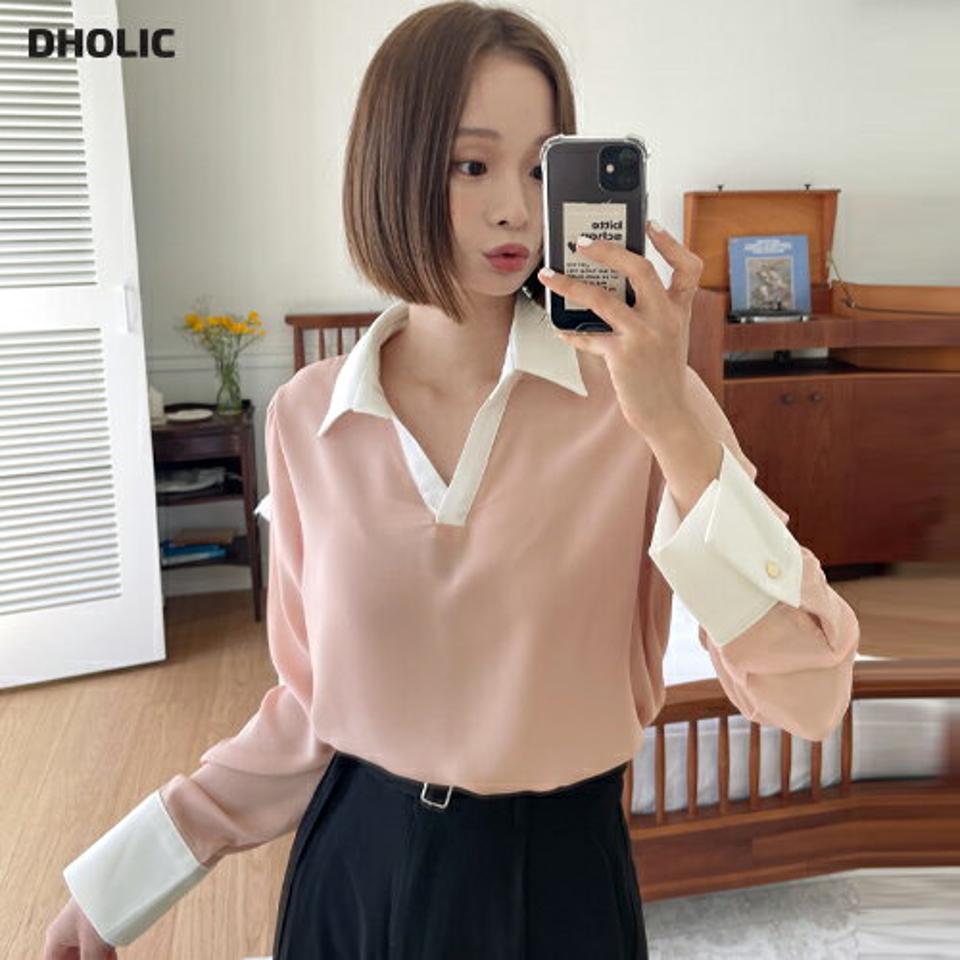 配色スリットネックカラーブラウス・全4色・t00590 レディース 【bl】韓国ファッション トップス ブラウス 長袖 カラーネック 配色 オープンカラー カフスボタン ルーズ かわいい 可愛い シンプル カジュアル フェミニン 春 秋