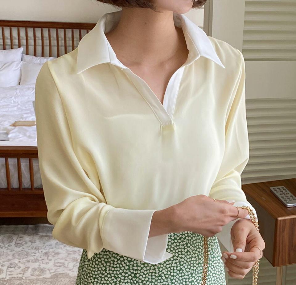 配色スリットネックカラーブラウス・全4色・t00590 レディース 【bl】韓国ファッション トップス ブラウス 長袖 カラーネック 配色 オープンカラー カフスボタン ルーズ かわいい 可愛い シンプル カジュアル フェミニン 春 秋