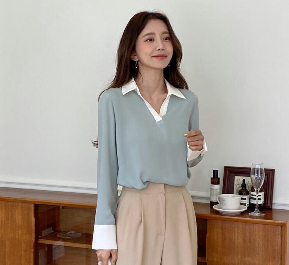 配色スリットネックカラーブラウス・全4色・t00590 レディース 【bl】韓国ファッション トップス ブラウス 長袖 カラーネック 配色 オープンカラー カフスボタン ルーズ かわいい 可愛い シンプル カジュアル フェミニン 春 秋