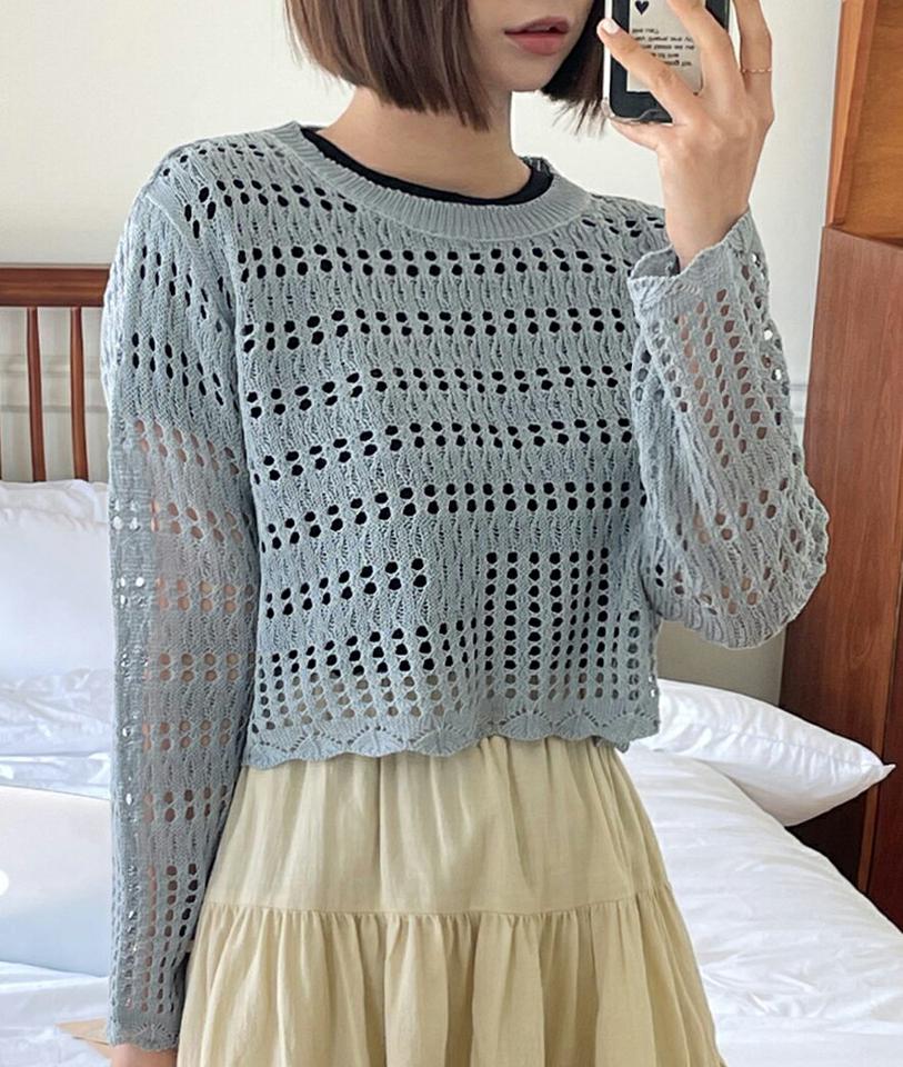 パンチングラウンドニット・全5色・t00594 レディース 【tops】韓国ファッション トップス ニット 大人 長袖 ラウンドネック パンチング クロップド丈 ドロップショルダー シンプル フェミニン カジュアル 春 秋