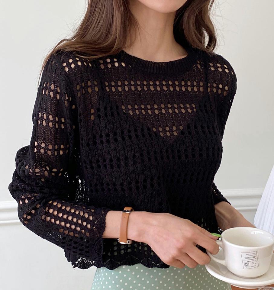 パンチングラウンドニット・全5色・t00594 レディース 【tops】韓国ファッション トップス ニット 大人 長袖 ラウンドネック パンチング クロップド丈 ドロップショルダー シンプル フェミニン カジュアル 春 秋