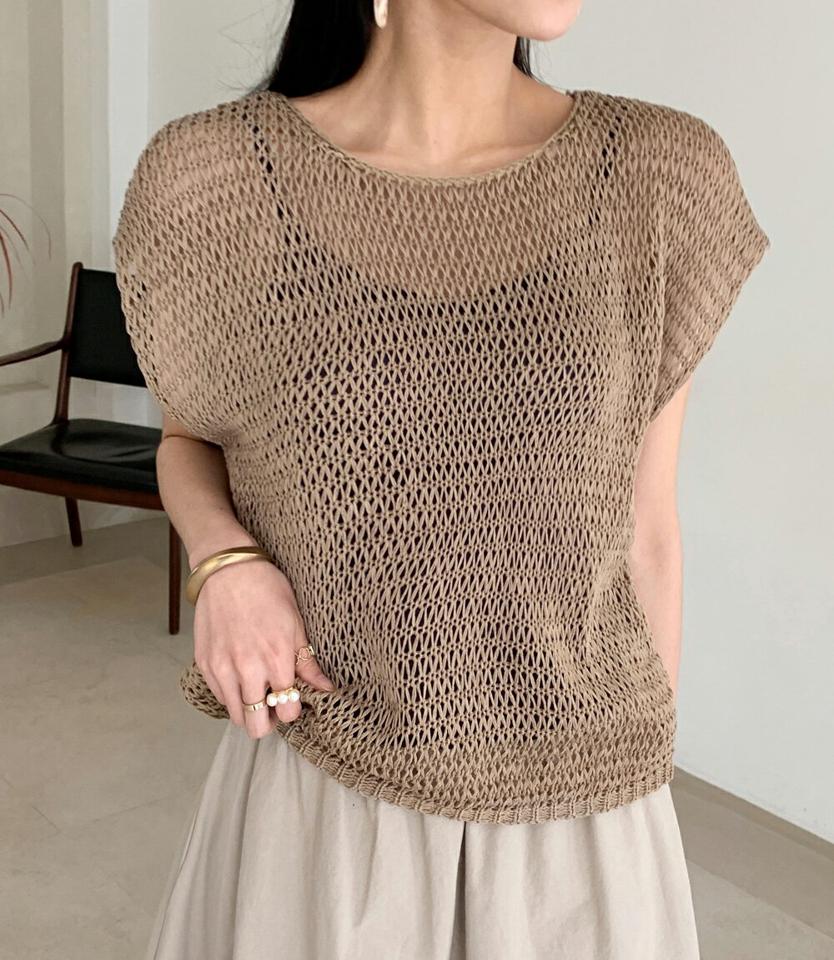 ネットシースルーニット・全5色・t71899 レディース 【tops】トップス ニット フレンチスリーブ ショートスリーブ 透け感 ネット レイヤード シンプル ラフ ゆったり カジュアル 春 夏 韓国ファッション ハイホリHIHOLLI