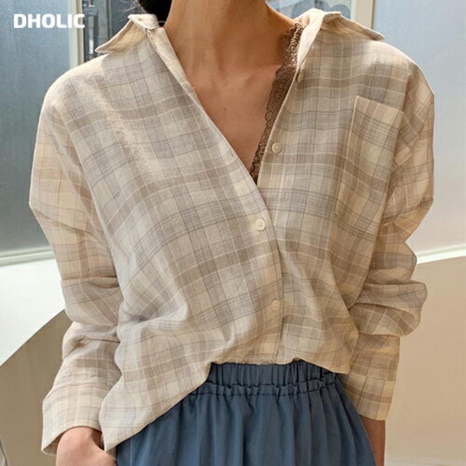 チェックカラーネックシャツ・全3色・t71910 レディース 【bl】トップス シャツ 長袖 チェック柄 パステル ワンポケット ドロップショルダー カジュアル 春 秋 韓国ファッション ハイホリHIHOLLI