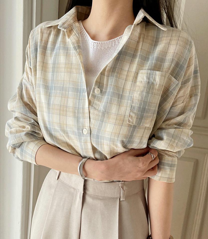 チェックカラーネックシャツ・全3色・t71910 レディース 【bl】トップス シャツ 長袖 チェック柄 パステル ワンポケット ドロップショルダー カジュアル 春 秋 韓国ファッション ハイホリHIHOLLI