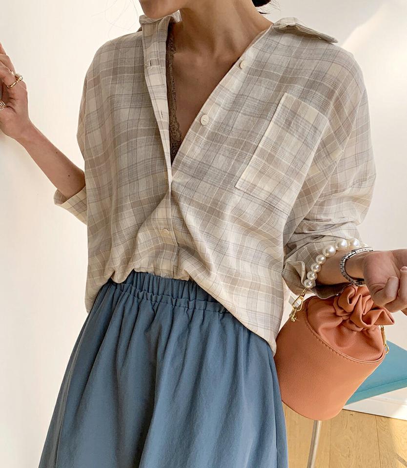 チェックカラーネックシャツ・全3色・t71910 レディース 【bl】トップス シャツ 長袖 チェック柄 パステル ワンポケット ドロップショルダー カジュアル 春 秋 韓国ファッション ハイホリHIHOLLI