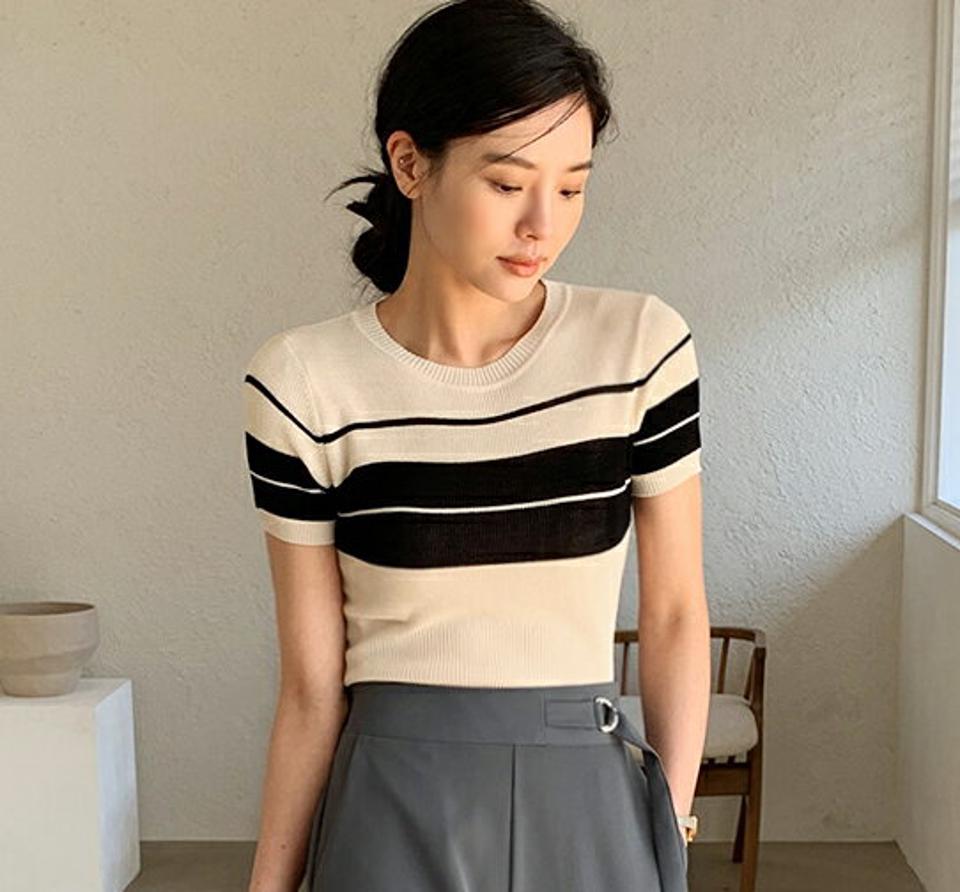 【マラソン特価】タイトマルチボーダーニット・全3色・b71901 レディース 【tops】トップス ニット 半袖 ハーフスリーブ 総柄　ボーダー柄 ラウンドネック カジュアル 大人 春 夏 秋 韓国ファッション ハイホリHIHOLLI