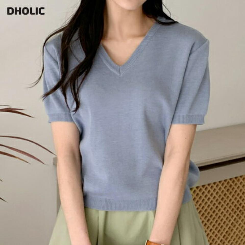 【10%OFF】Vネック半袖ニット・全8色・t71900 レディース 【tops】トップス ニット 半袖 ハーフスリーブ 単色 無地 シンプル ベーシック カジュアル Vネック ラフ カラーアイテム カラーニット 春 夏 秋 韓国ファッション ハイホリHIHOLLI セール SALE