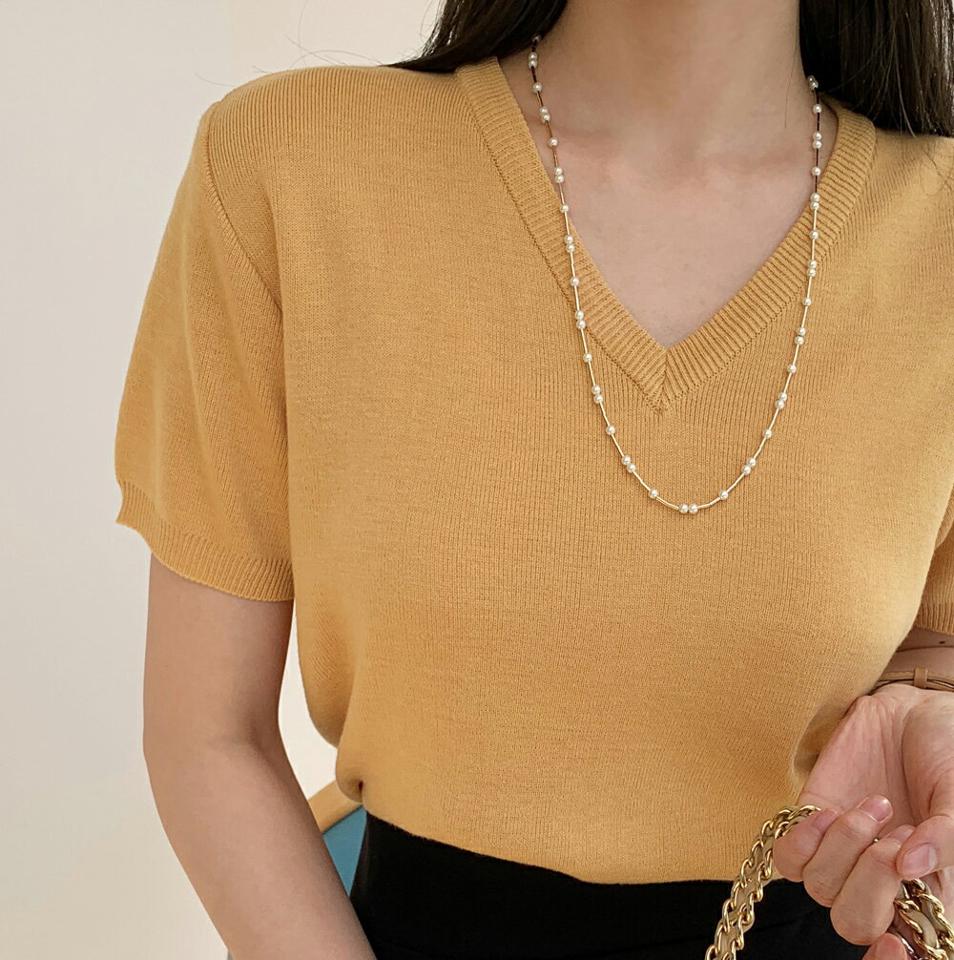 【10%OFF】Vネック半袖ニット・全8色・t71900 レディース 【tops】トップス ニット 半袖 ハーフスリーブ 単色 無地 シンプル ベーシック カジュアル Vネック ラフ カラーアイテム カラーニット 春 夏 秋 韓国ファッション ハイホリHIHOLLI セール SALE