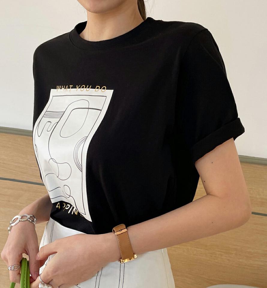 グラフィックプリント半袖Tシャツ・全4色・b71896 レディース 【tops】トップス Tシャツ 半袖 ハーフスリーブ カジュアル ラフ フロント ラウンドネック 春 夏 韓国ファッション ハイホリHIHOLLI