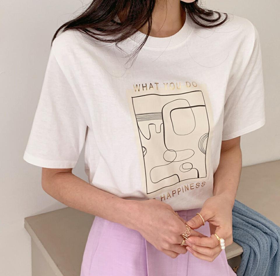 グラフィックプリント半袖Tシャツ・全4色・b71896 レディース 【tops】トップス Tシャツ 半袖 ハーフスリーブ カジュアル ラフ フロント ラウンドネック 春 夏 韓国ファッション ハイホリHIHOLLI