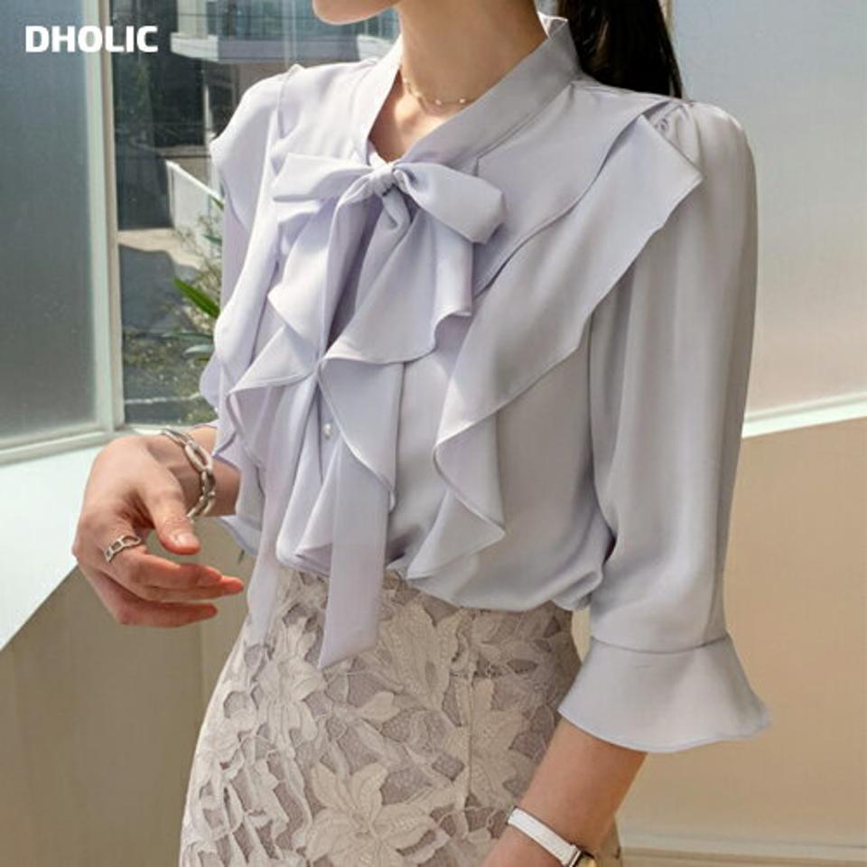 【10%OFF】フリルリボンシルキーブラウス・全4色・t71905 レディース 【bl】トップス ブラウス 七分袖 7分袖 七分丈 フリル パールボタン ハーフネック フェミニン きれいめ 学校行事 パステル オフィスカジュアル 春 秋 韓国ファッション ハイホリHIHOLLI blsセール