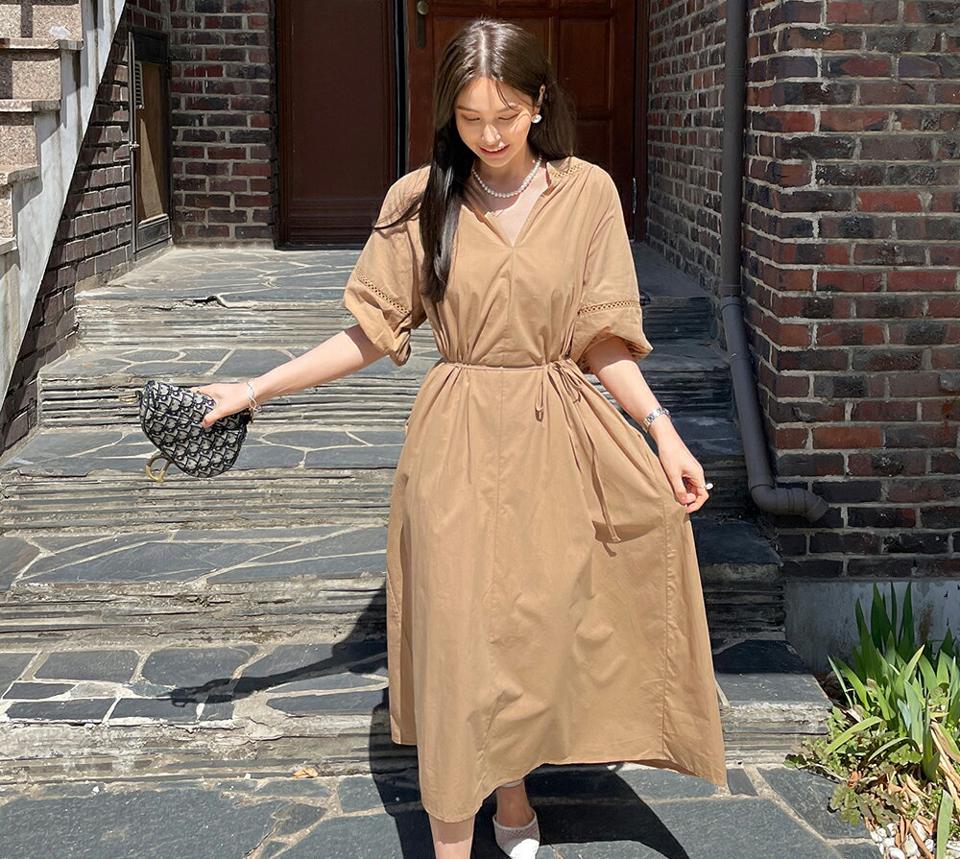 ストラップ付シアーラインパフワンピース・全2色・b71876 レディース 【ops】ワンピース ロング丈ロングワンピース 七分袖 七分丈 7分袖 7分丈 パフ袖 パフスリーブ ウエストマーク シンプル 大人 春 秋 韓国ファッション ハイホリHIHOLLI