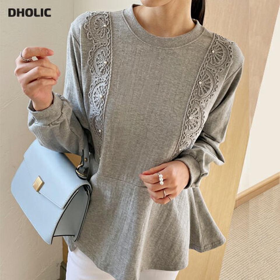 フェイクパールフラワー刺繍ペプラムスウェット・全3色・b71897 レディース 【tops】トップス スウェット トレーナー 長袖 ペプラム 花柄 刺繍 パール フレア スカラップレース かわいい 大人 春 秋 韓国ファッション ハイホリHIHOLLI