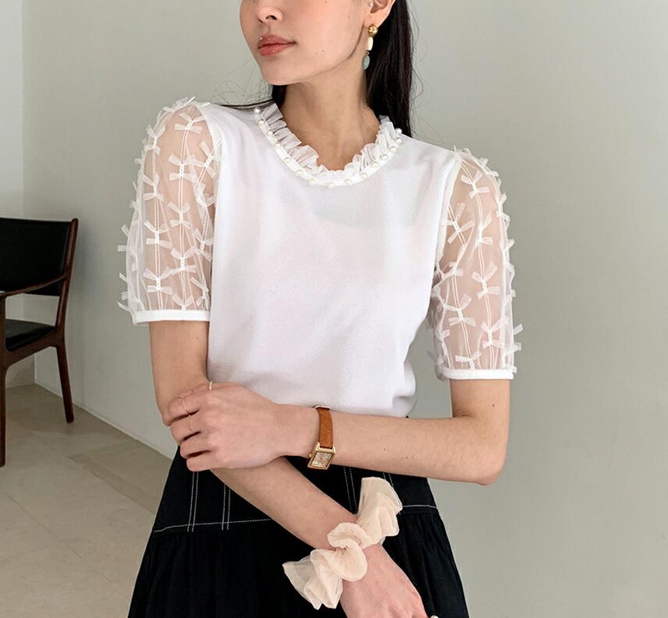 リボンシースルースリーブTシャツ・全3色・t71898 レディース 【tops】トップス Tシャツ 半袖 ハーフスリーブ 透け感 シアー シースルー リボン フェミニン パール かわいい ガーリー パフスリーブ パフ袖 春 夏 韓国ファッション ハイホリHIHOLLI