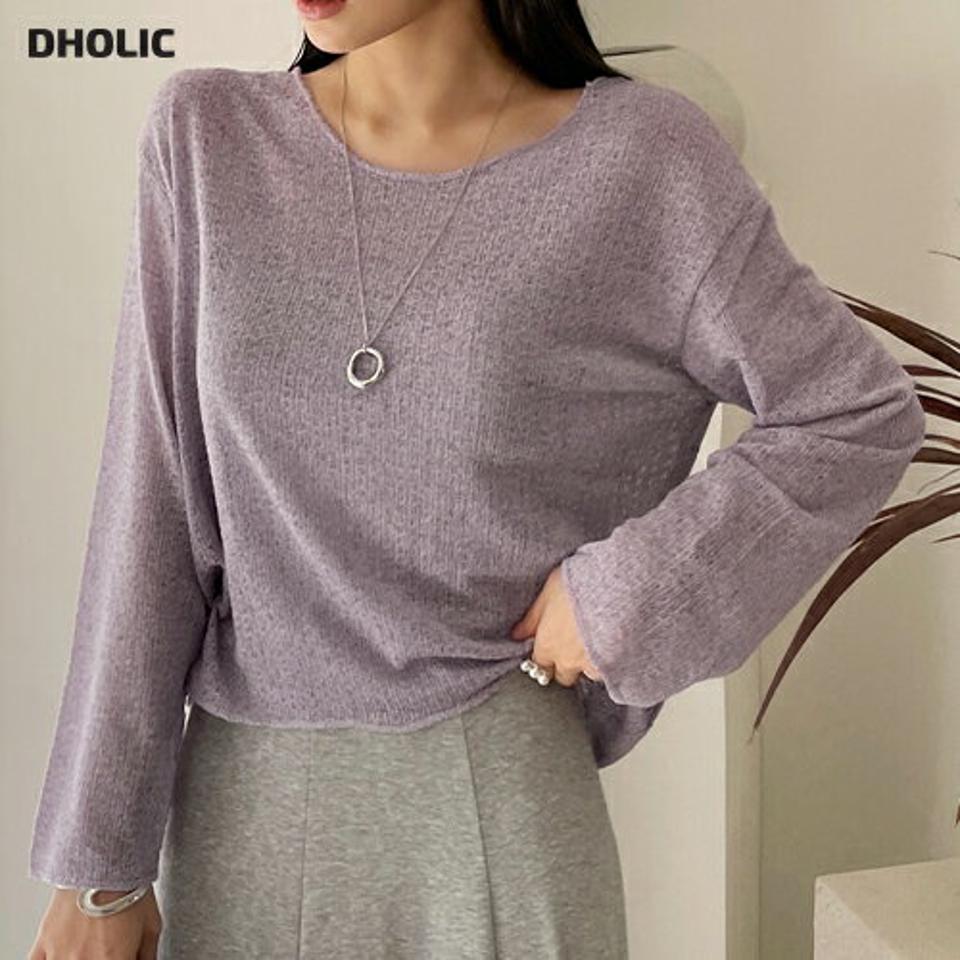 パンチングシアーアンバランスTシャツ・全6色・t71902 レディース 【tops】トップス Tシャツ 長袖 シアー アンバランス 単色 透け感 シンプル カジュアル ラウンドネック ドロップショルダー ラフ 春 秋 韓国ファッション ハイホリHIHOLLI