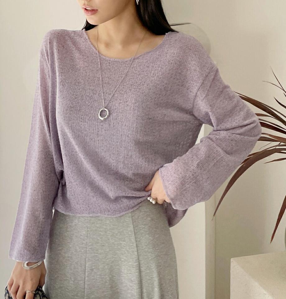 パンチングシアーアンバランスTシャツ・全6色・t71902 レディース 【tops】トップス Tシャツ 長袖 シアー アンバランス 単色 透け感 シンプル カジュアル ラウンドネック ドロップショルダー ラフ 春 秋 韓国ファッション ハイホリHIHOLLI