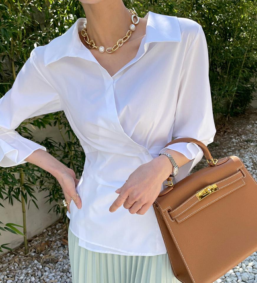 タックボタンラップカラーブラウス・全3色・b71906 レディース 【bl】トップス ブラウス 七分袖 七分丈 7分袖 7分丈 ラップデザイン 単色 無地 ミント パステル ユニーク カジュアル 襟 春 秋 韓国ファッション ハイホリHIHOLLI