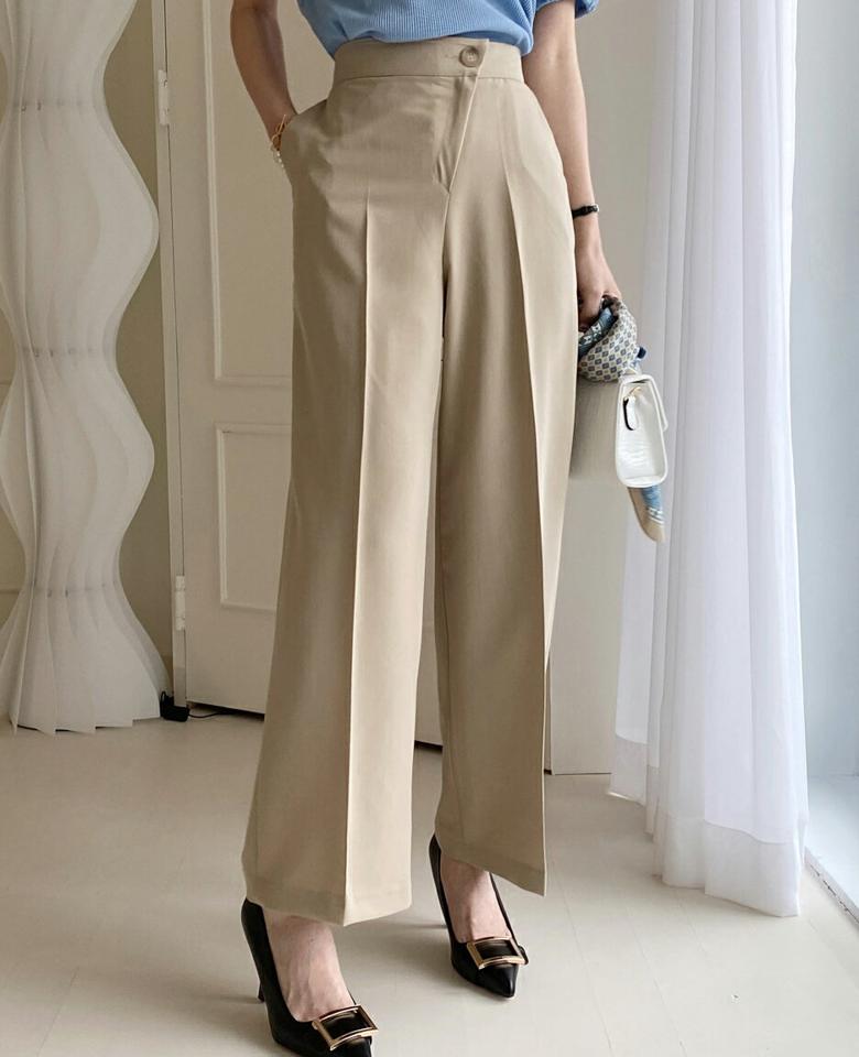 ダイアゴナルボタンワイドスラックス・全3色・t00354 レディース 【pt】パンツ ズボン スラックス ワイドパンツ 単色 無地 シンプル カジュアル ユニーク 春 秋 韓国ファッション ハイホリHIHOLLI